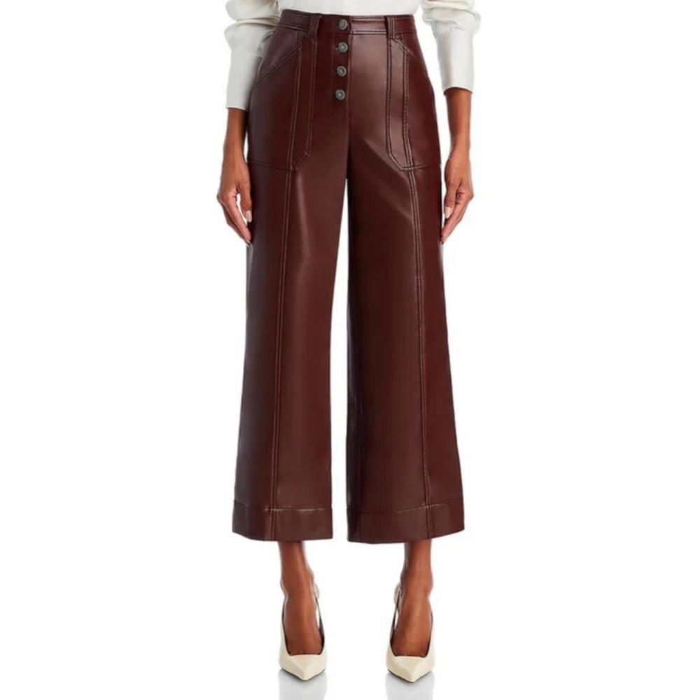 CINQ A SEPT Benji Cropped Wide-Leg Vegan|Faux-Leather Tobacco Brown Pants